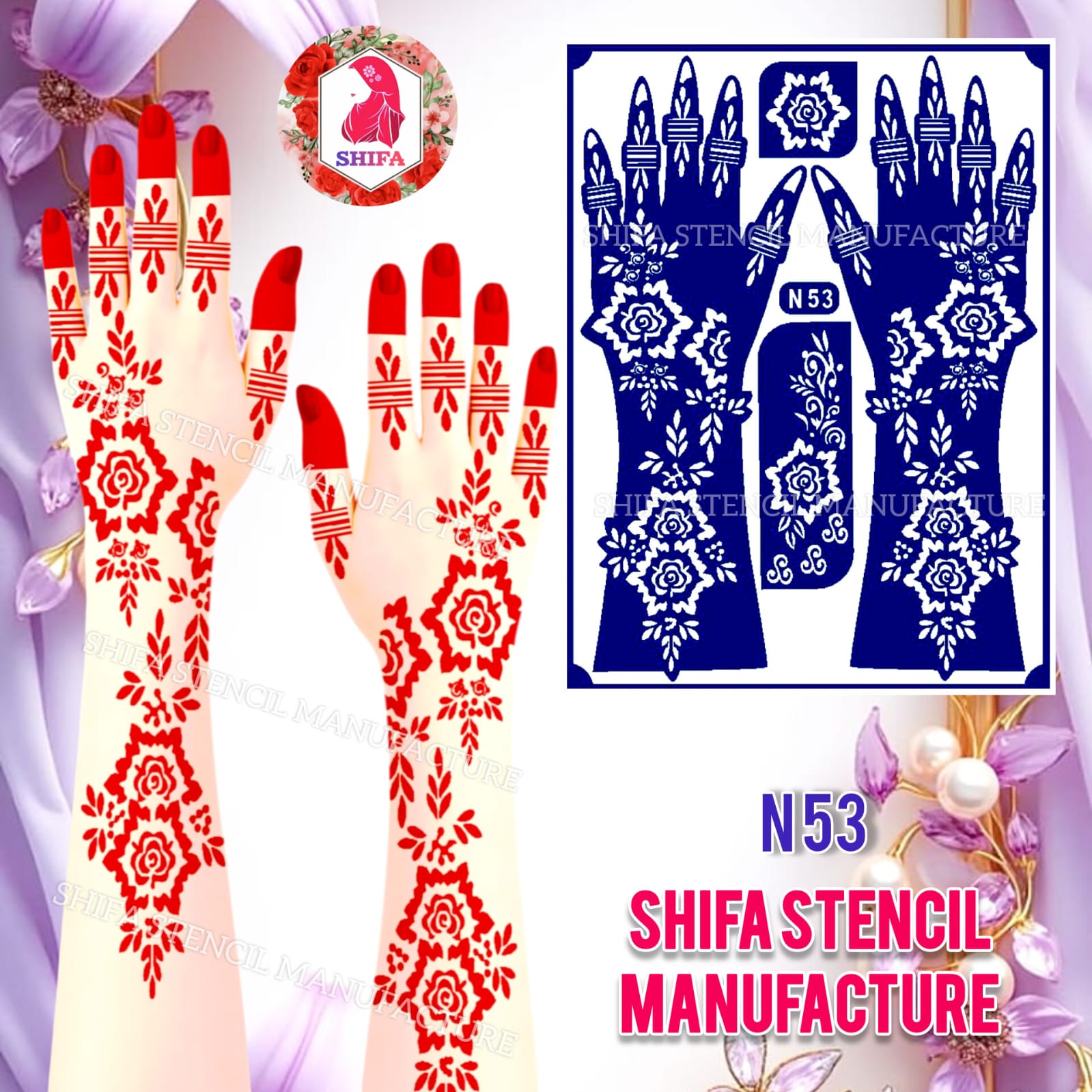 N53 Geometric Rose Garland Sticker Overview Henna Stencil - Shifa Stencil